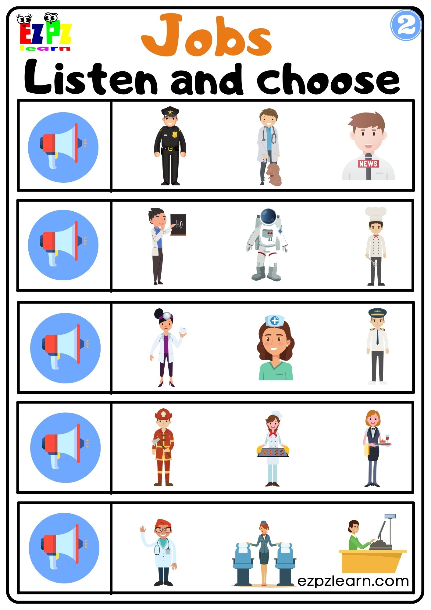 Jobs Vocabulary Interactive Worksheet Listen and Choose the Correct Images Activity for Kids, K5 and ESL Students G2